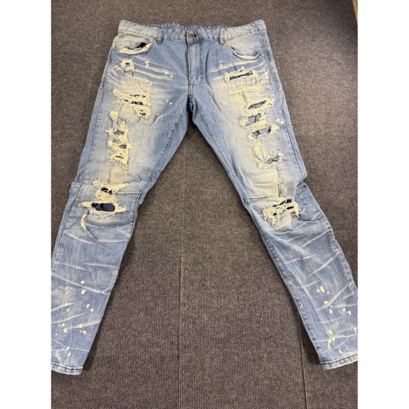Smoke Rise Other - Smoke Rise Mens Distressed Moto Jeans Light Wash Paint Splatter 40x32 Streetwear